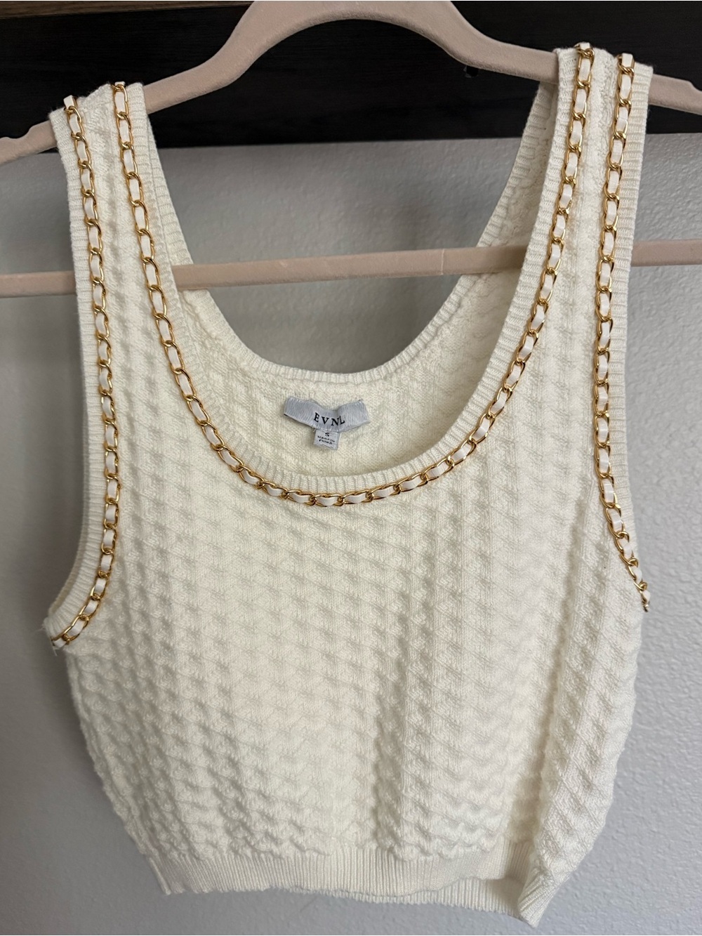 Cream Gold Chain-Trim Knit Tank Top